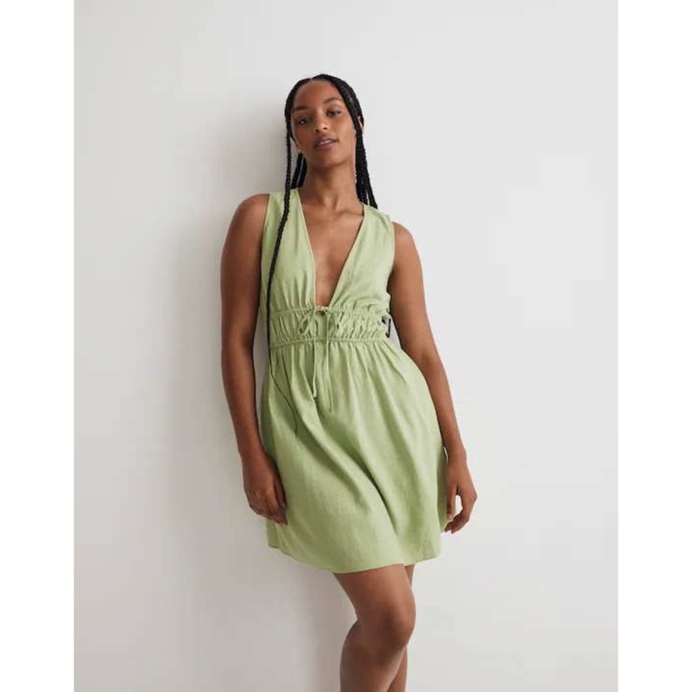 Madewell Dress Womens Medium Green Linen Blend V-Neck Smocked Waist Mini Pocket
